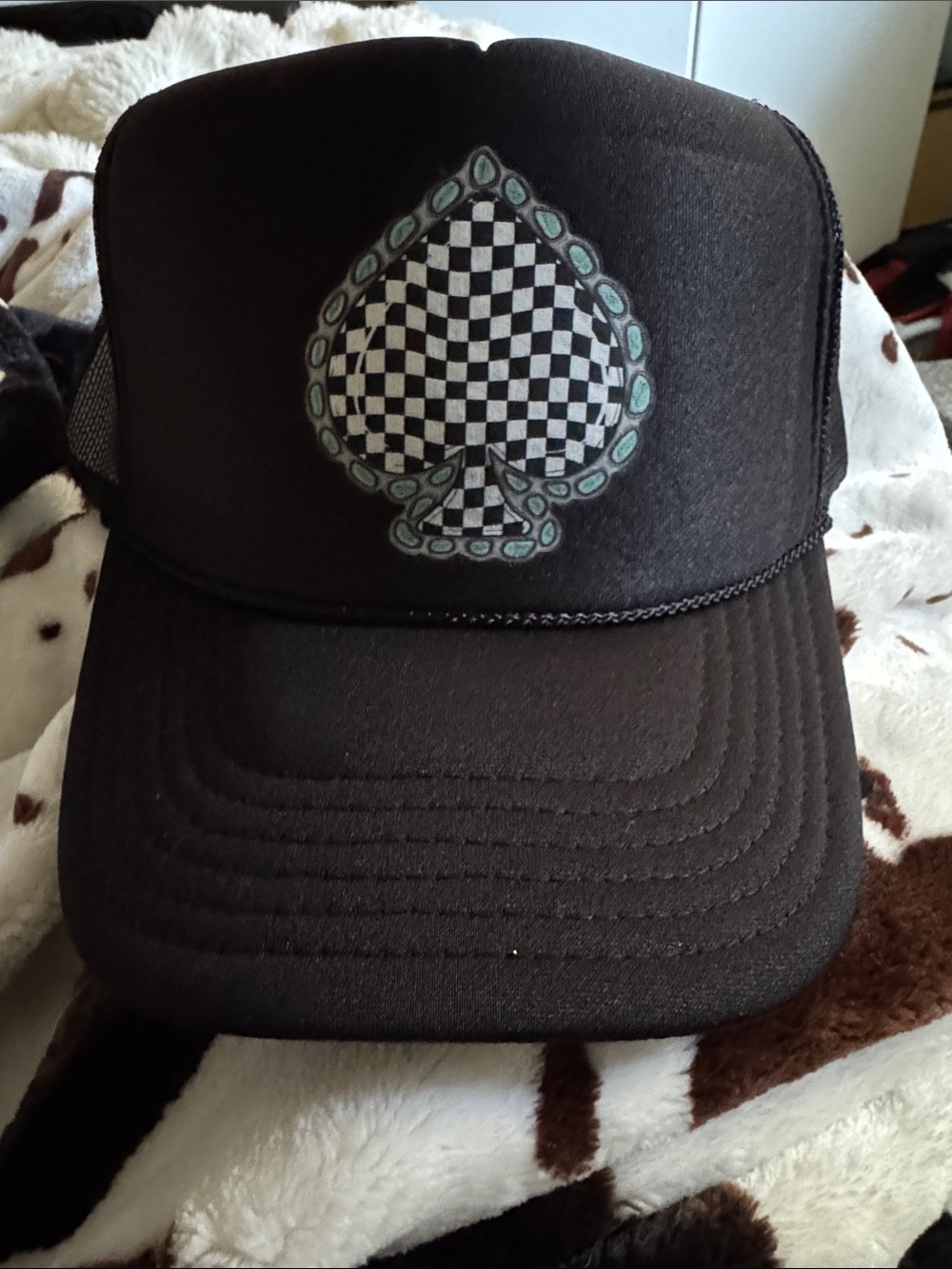 Black Trucker Hat with Checkerboard Spade and turquoise Patch